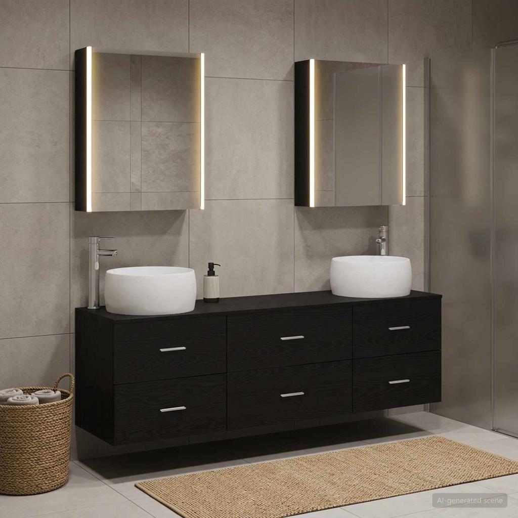 5 Piece Bathroom Furniture Set Black Oak Engineered Wood and Glass