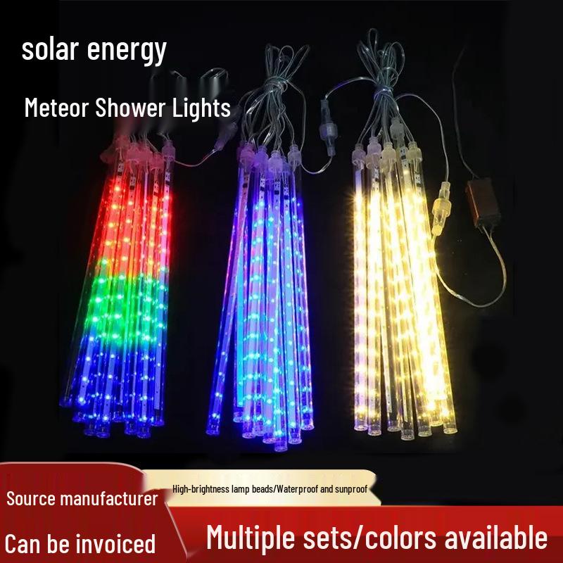 Outdoor LED Solar Meteor Shower Lights: Colorful, Waterproof Tree Decoration String for Courtyard and Holiday Hanging.