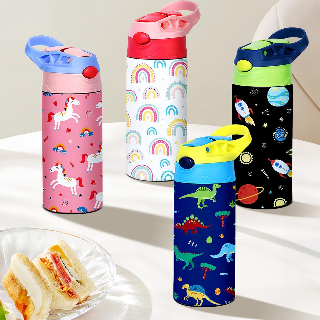 350ml Cartoon-Muster Vakuumbecher Kinder Isolierte Wasserflasche Niedliches Tier Stroh Thermoskanne Handgehaltene Kanne für Outdoor Schule