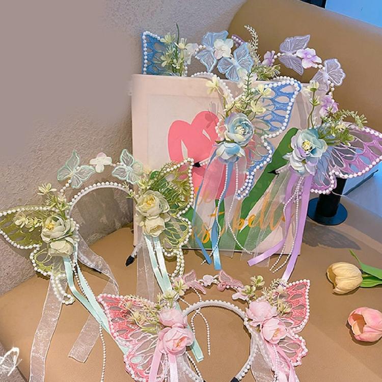 Pearls Headband Butterfly Ribbon Pageant Prom for School Play Stage Props