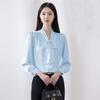 Temperament Streamer Chiffon Shirt Women's Summer Short-sleeved Top Women's White High-end Blue Commuter Interview Women's Shirt