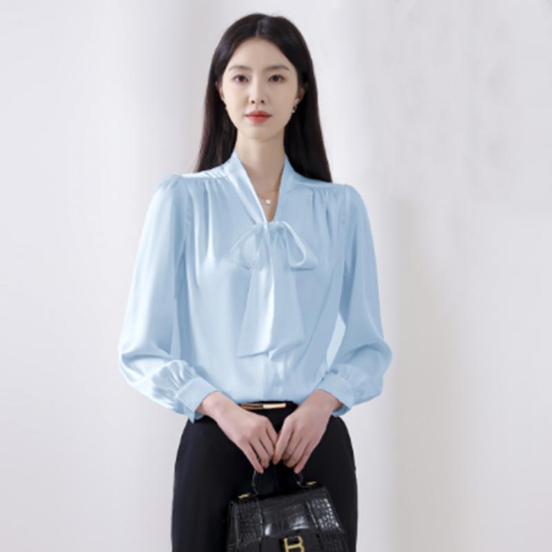 Temperament Streamer Chiffon Shirt Women's Summer Short-sleeved Top Women's White High-end Blue Commuter Interview Women's Shirt