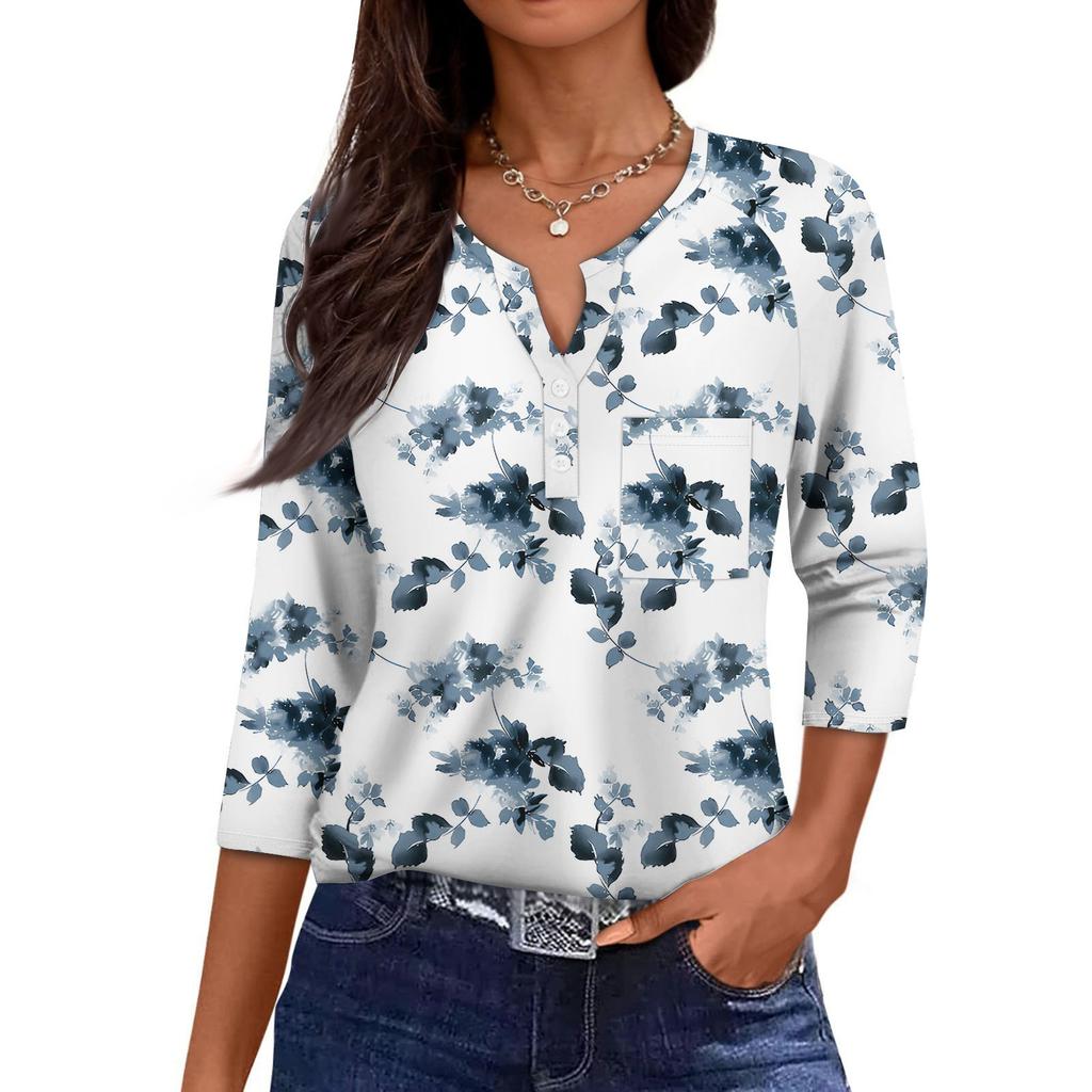 Women's Casual Fashion V-neck Loose Versatile Floral Print Three-quarter Sleeves