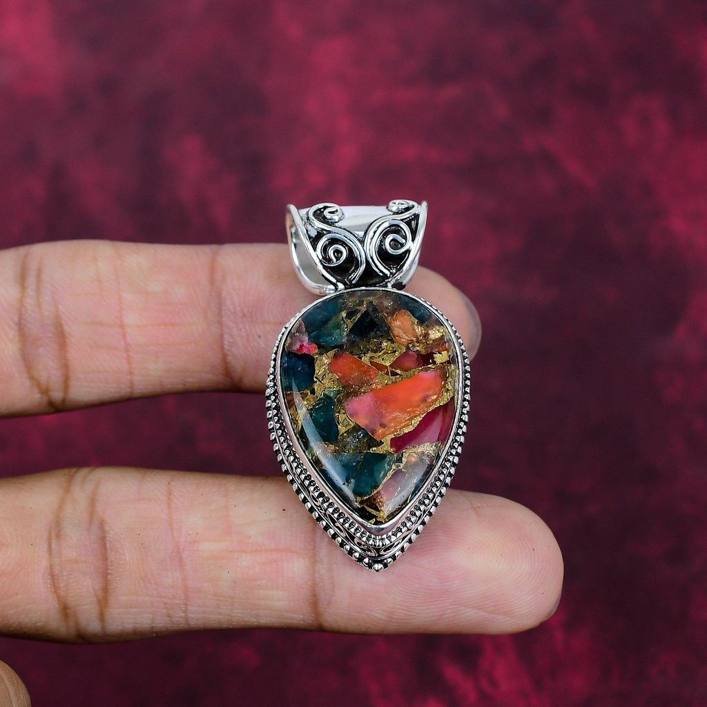 Multi Copper Turquoise Handmade Gemstone Pendant, 925 Solid Sterling Silver Pendant Beautiful Jewelry, Designer Pendant
