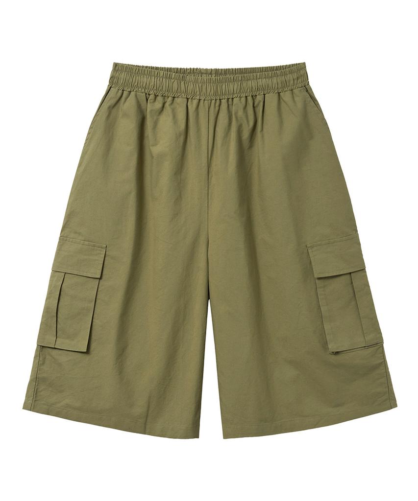 MOZMOZ Linen-Like Cargo Bermuda Wide Pants Khaki