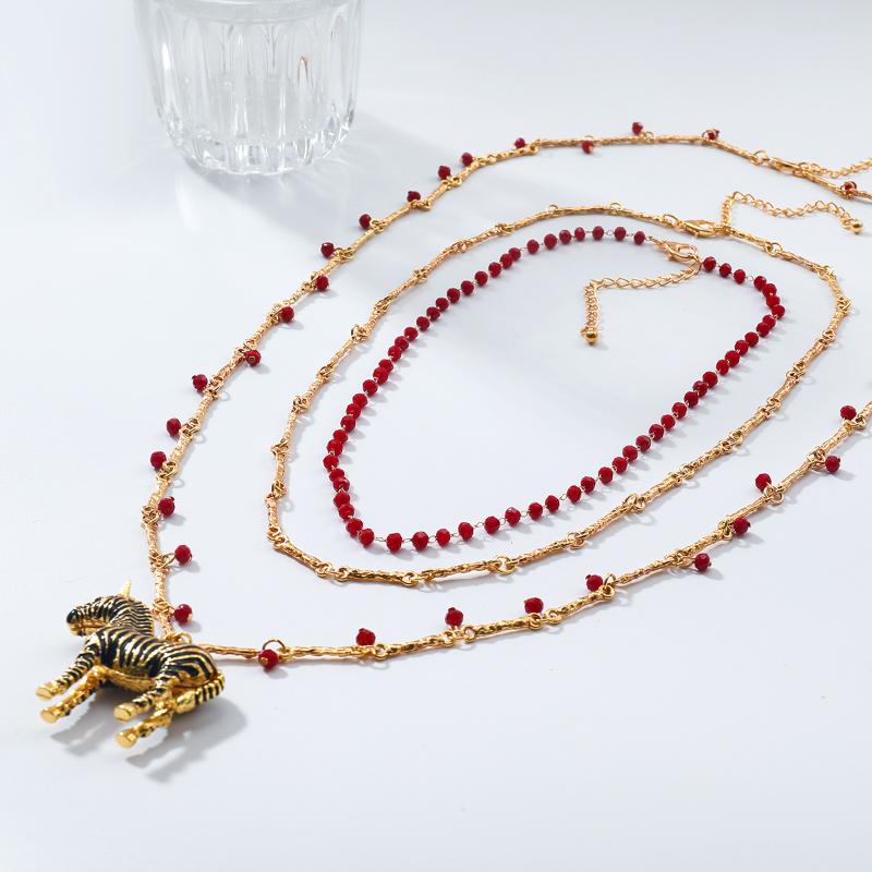 Women Jewelry Vintage Metal Zebra Pendant Layered Beaded Chain Link Necklaces Luxury Prom Party Accessories Gift