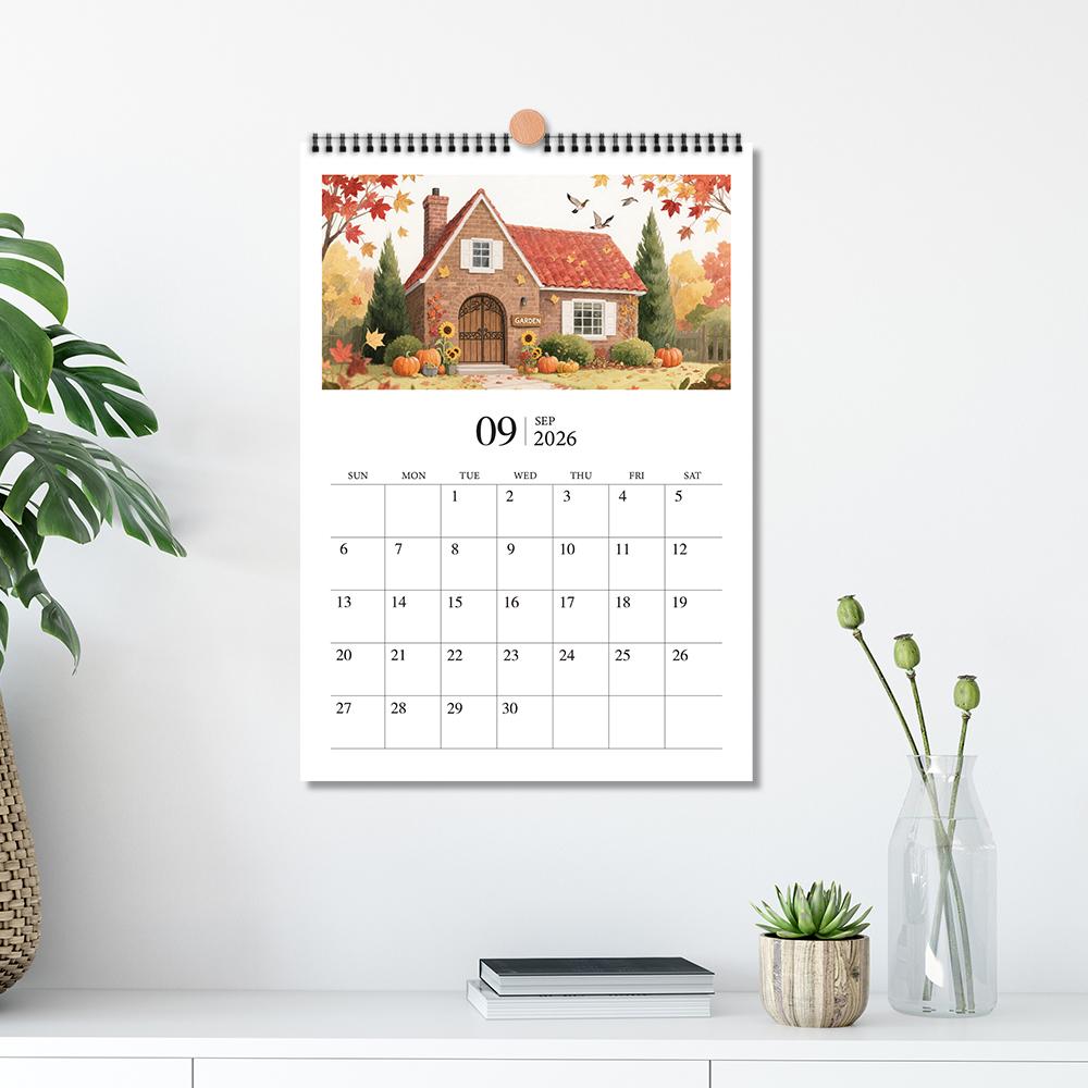 1pc, 2026 Watercolor House Theme Calendar - Cottage, 12 Different Designs, Wall Calendar, Birthday, Christmas, New Year Gift