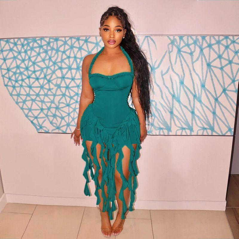 

and American Style Clothing, Solid Color Tassel Halter Neck Bodycon Dress for Women, Amazon Foreign Trade New Fashion Dress, Solid Color Dress Green L