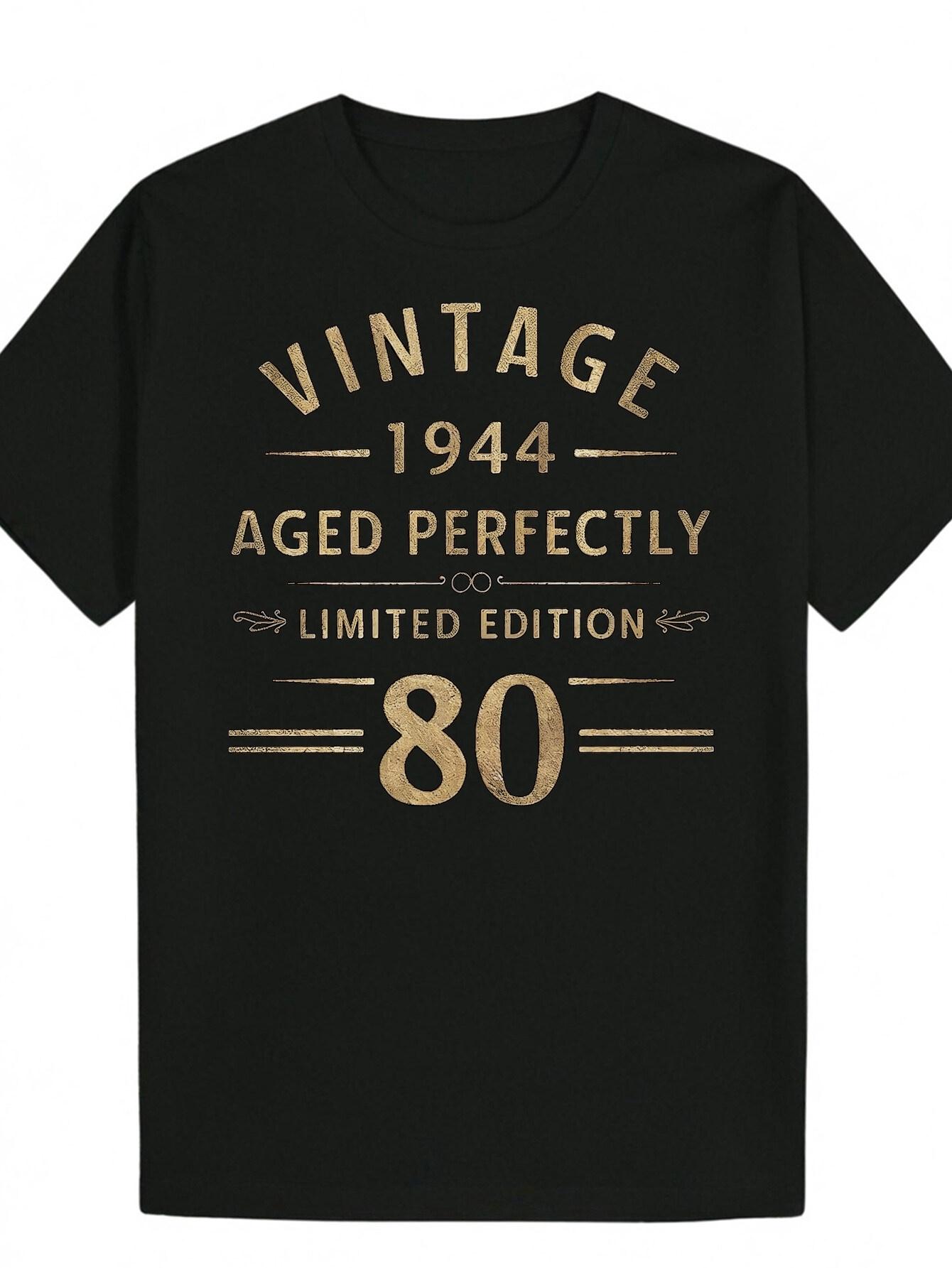 Vintage 1944 Aged Perfectly Graphic T-shirt - Black Casual Crew Neck XXL
