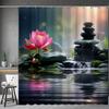 Black Stone Tower Zen Shower Curtain, Spa Decor Lotus Purple Orchid Flower and Bamboo, Cloth Fabric Bathroom Decor Accessory Set