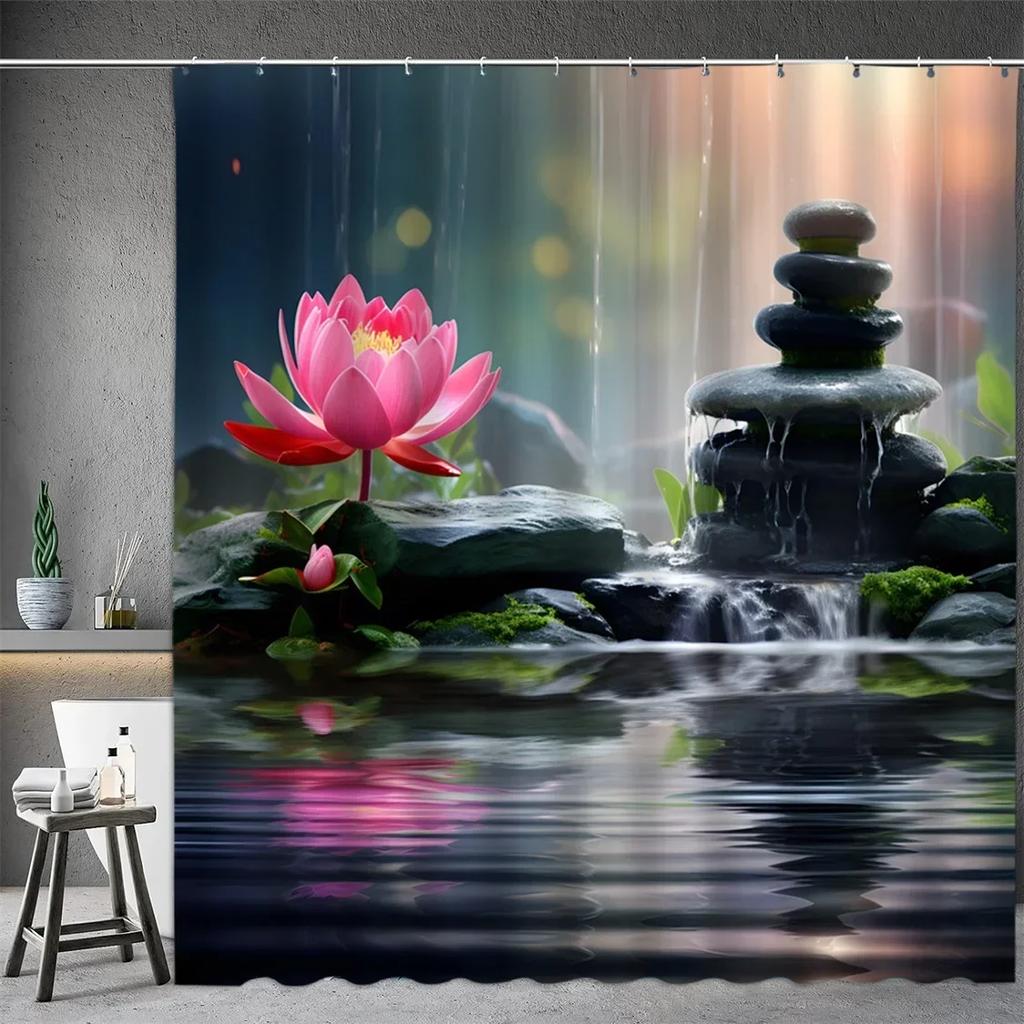 Black Stone Tower Zen Shower Curtain, Spa Decor Lotus Purple Orchid Flower and Bamboo, Cloth Fabric Bathroom Decor Accessory Set