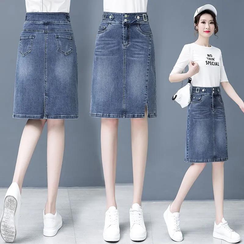 Spring Summer Plus Size Skirt for Women High Waist Large Size Slit Black or Blue Jeans Skirts Korean Slim Femme A-line Skirt