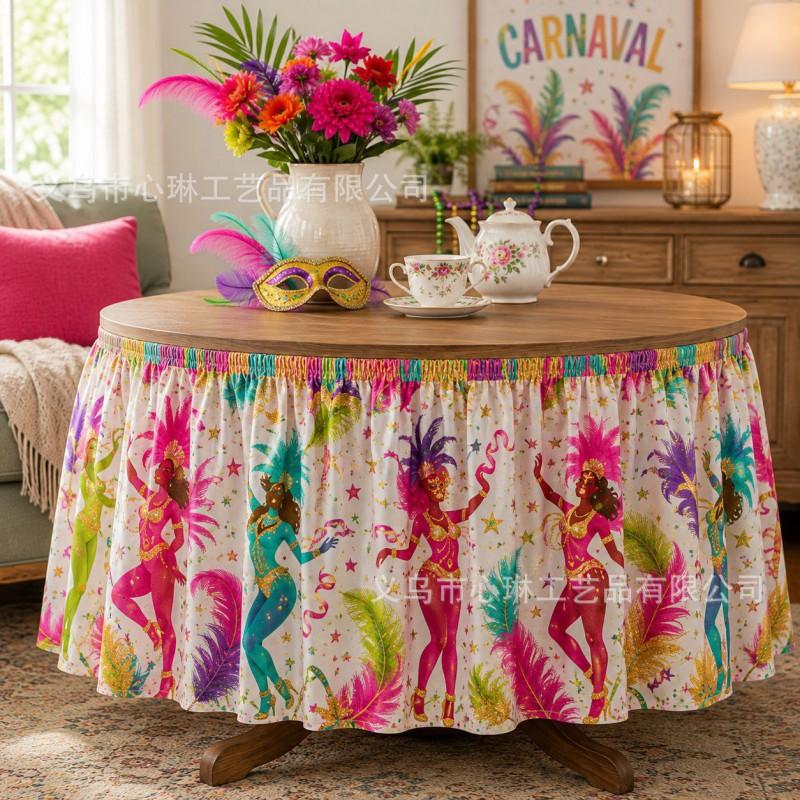 Tropical Plant Print Round Tablecloth Carnival Party Decor Festive Table Skirt In Geometric Abstract Design