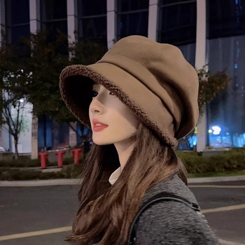 Women Winter Lamb FLeece Beret Hat Solid Color Plush Thicken Warm Octagonal Caps Lady Female Windproof Cowboy Caps Headgear