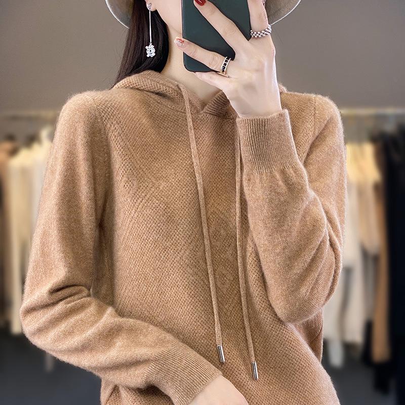Hooded Knitted Hoodie Women's Versatile Solid Color Hoodie Loose Western Coat Top Explosive Casual Hooded Sweater