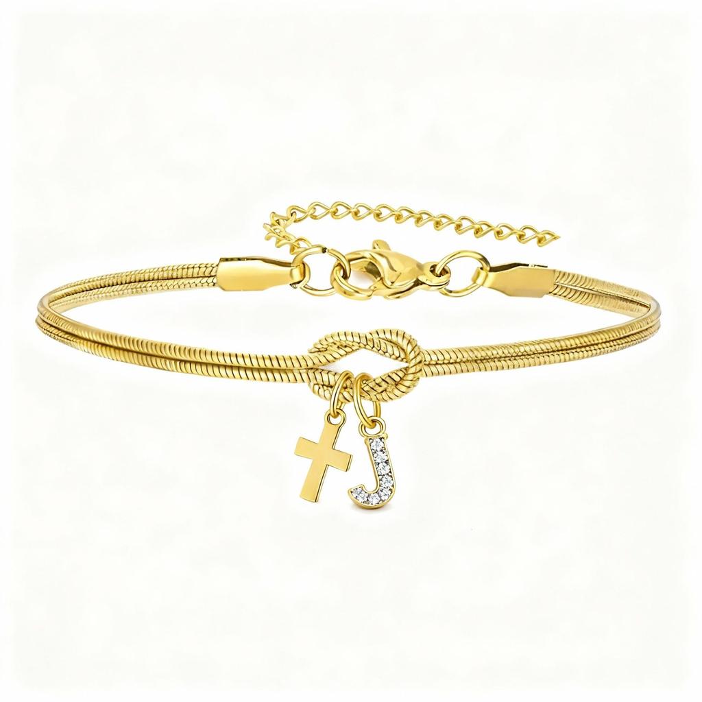 Double Knot Round Snake Bone Bracelet with Diamond 26 Letters Cross Pendant Charm Jewelry