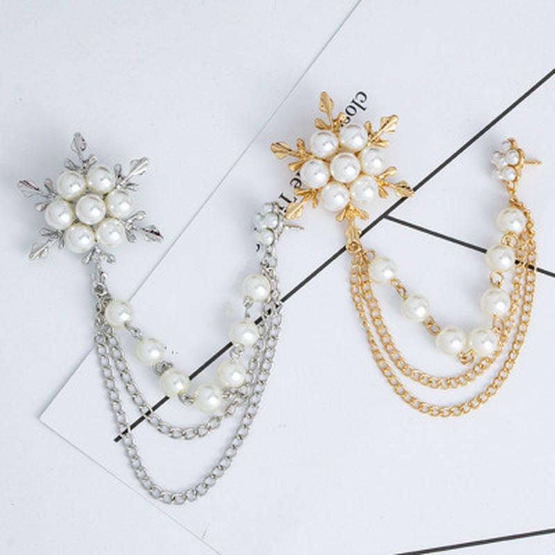 Elegant Simulation Pearl Snowflake Chain Tassels Brooch Fashion Brooches for Women Chain Pin Jewelry