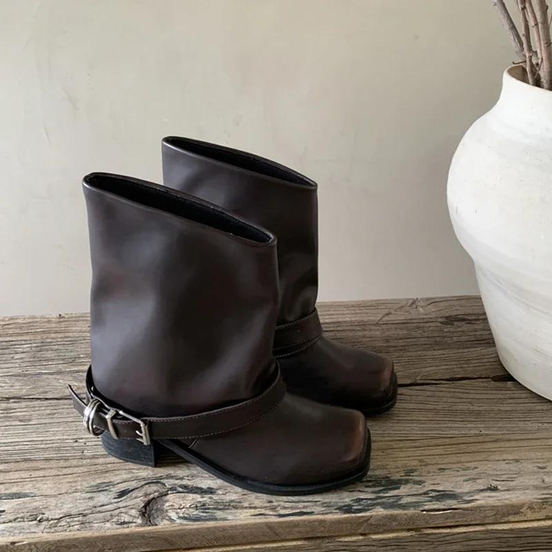 Vintage Square Toe Women Western Cowgirl Fashion Belt Buckle Shoes Autumn Winter Thick Heel Women'S Knight Short Booties