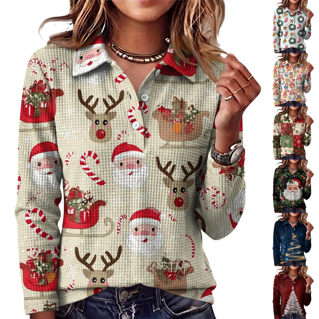 Women's Fashion Casual Button Front Long Sleeve Christmas Top with Collar