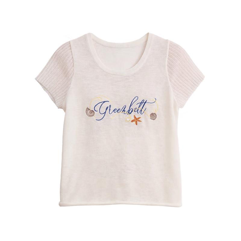 GREEN BELT Women s Tencel Linen Blend Short Sleeve Embroidered Knit Top S