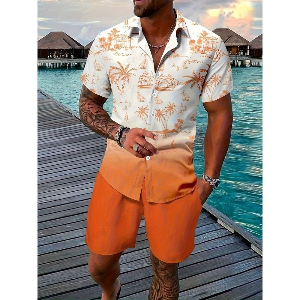 Sailing Tree Hawaiian Shirt Set Beach Animal 3d Print Sets Men Fashion Shirt+Short 2pcs Lapel New Suit Leisure Holiday Tracksuit
