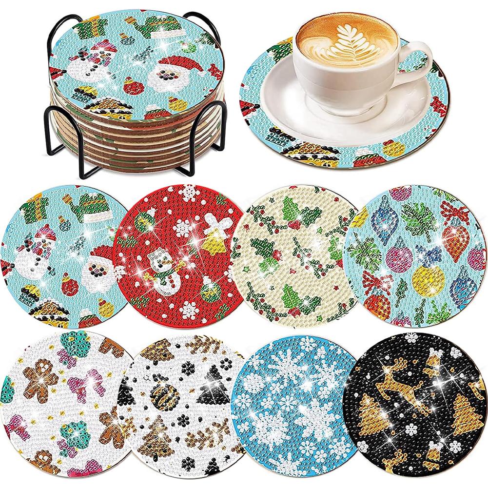 8 PCS Diamond Painting Coasters Kits Santa Acrylic Diamond Painting Art Coaster Kit Elk with Holder Diamond Painting DIY Coaster