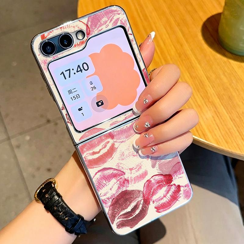 Fashion Kiss Lips Pattern Case For Samsung Galaxy Z FlIP 7 FE 6 5 Plating PC+PU Leather Hybrid Folding Cover For Samsung Z Flip7 Flip6 Flip5