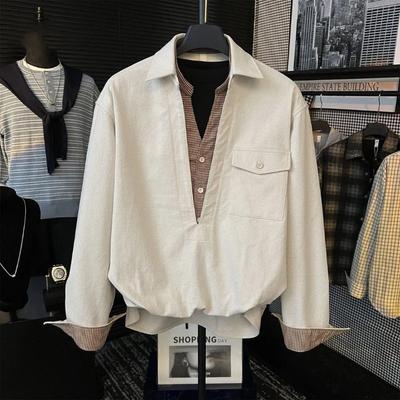 American Autumn Men's Long-sleeved Shirt Spliced   Old Money Style Casual Fake Two-piece Shirt