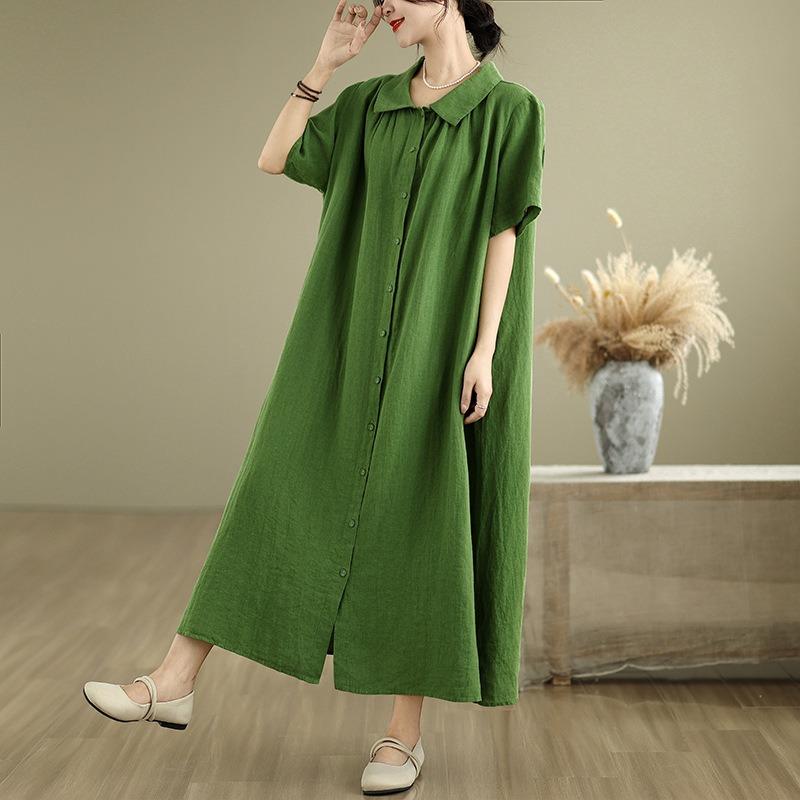 Real Shot Summer New Literary Large Size Loose Solid Color Doll Collar Short Sleeve Dress Women's Clothing Medium and Long