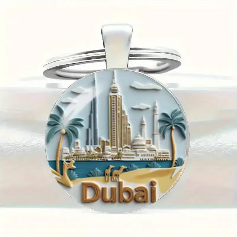 Metal Keychain Round Pendant Key Ring Alloy Key Holder Souvenir Accessory Dubai Cityscape Design Durable One Size