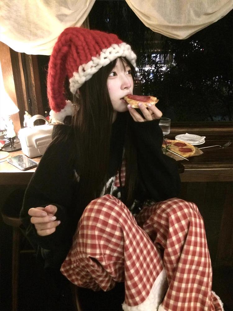 

Женские красные клетчатые брюки на флисовой подкладке из овечьей шерсти - Осенне-зимние повседневные свободные брюки с широкими штанинами, теплые L