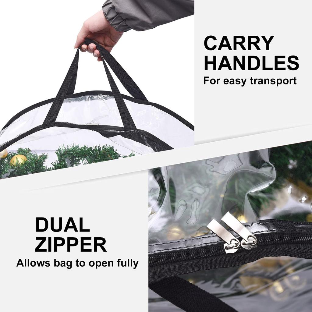 24 Inch Wreath Storage Bag: Water-Resistant PVC with Clear Window - Dual Zipper Design for Christmas Holiday Decorations Organization