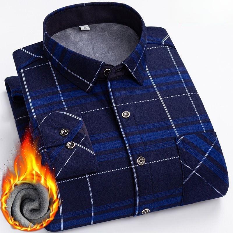 Men's Fleece Lined Plaid Shirt, Long Sleeve Button-Up Square Collar Shirt, Regular Fit Thermal Winter Pocket Detail Top
