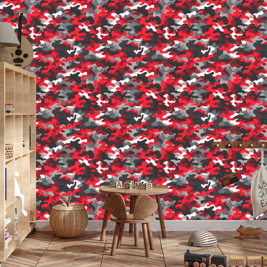 Red and graphite military camouflage wallpaper for living room and bedroom 50x1000