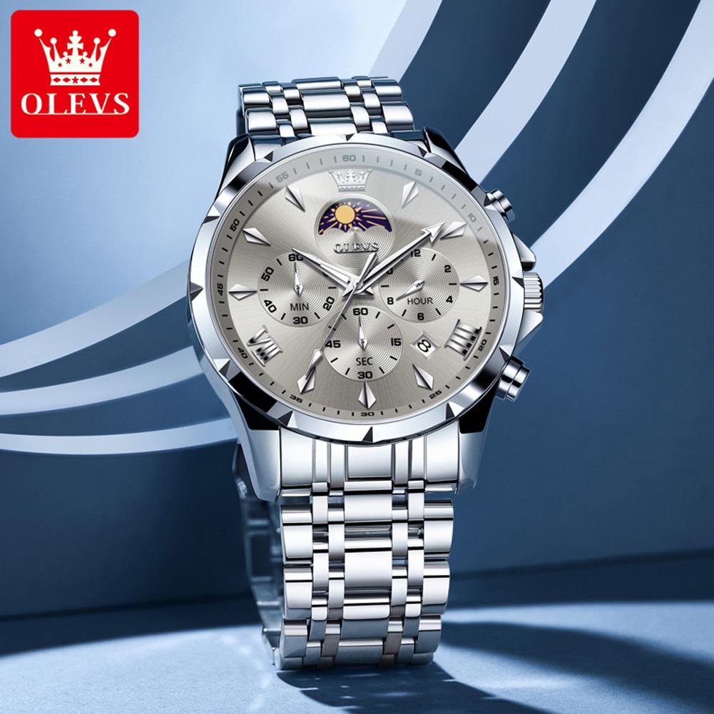 OLEVS Original Chronograph Quartz Watch For Men Moon Phase Stainless Steel Waterproof Man Watch Date Fashion Wrist Watch