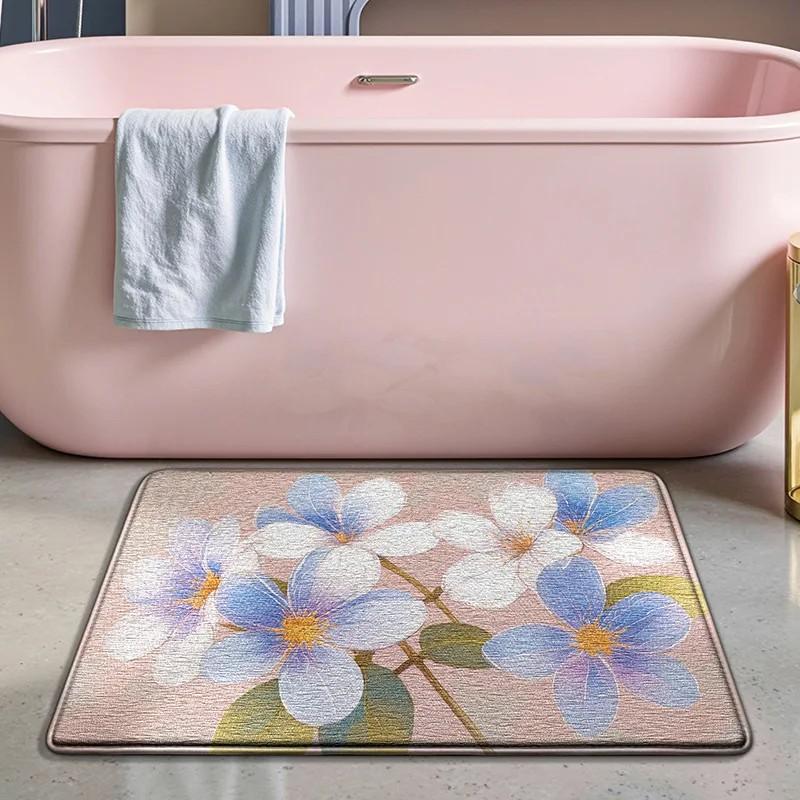VIKAMA Vintage Hydrangea Floral Bath Mat Non Slip Absorbent Washable Flower Print Floor Rug Bedroom Entrance Home Decor