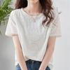 Women's Short Sleeve Blouse Round Neck Lace Embroidery Top Loose Casual Elegant Chiffon Shirt For Summer