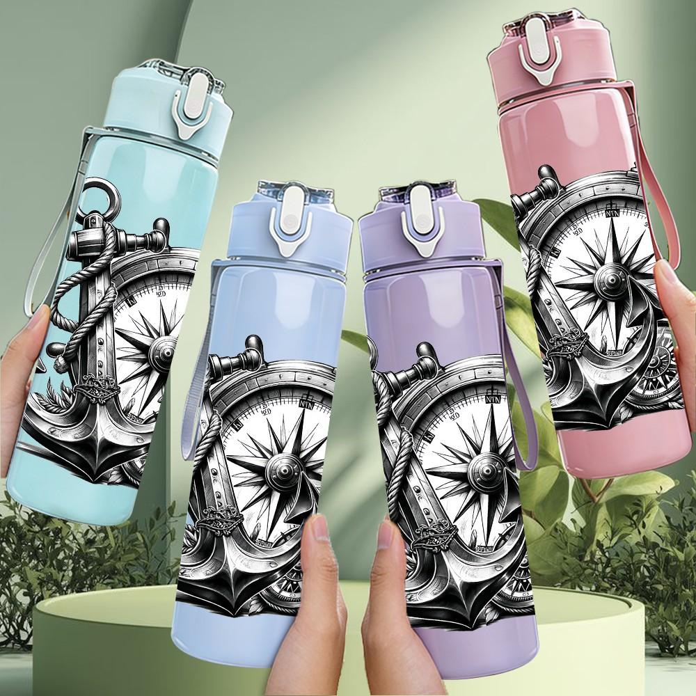 1PC Anchor Ship Gear Nautical Print 750ml Color Plastic Sports Water Bottle Leakproof Flip Straw Lid Suitable for Sports Office Home Use