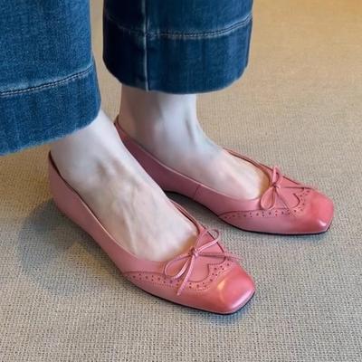 Soft Leather Single Shoes Women's 2025 Summer New Square Head Style Black Thick Heel Bow Beautiful Work Shoes