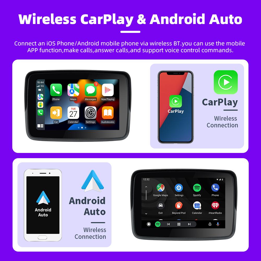 EKIY 5.0 inch Wireless CarPlay Moto Android Auto Portable Digital Motorcycle Dashboard GPS Navigation Display Screen Monitor