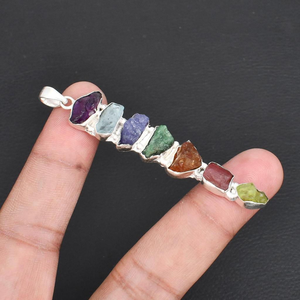 Natural 7 Chakra Rough Gemstone Pendant 925 Sterling Silver Raw Crystal Healing Stone Bar Necklace Jewelry Gift