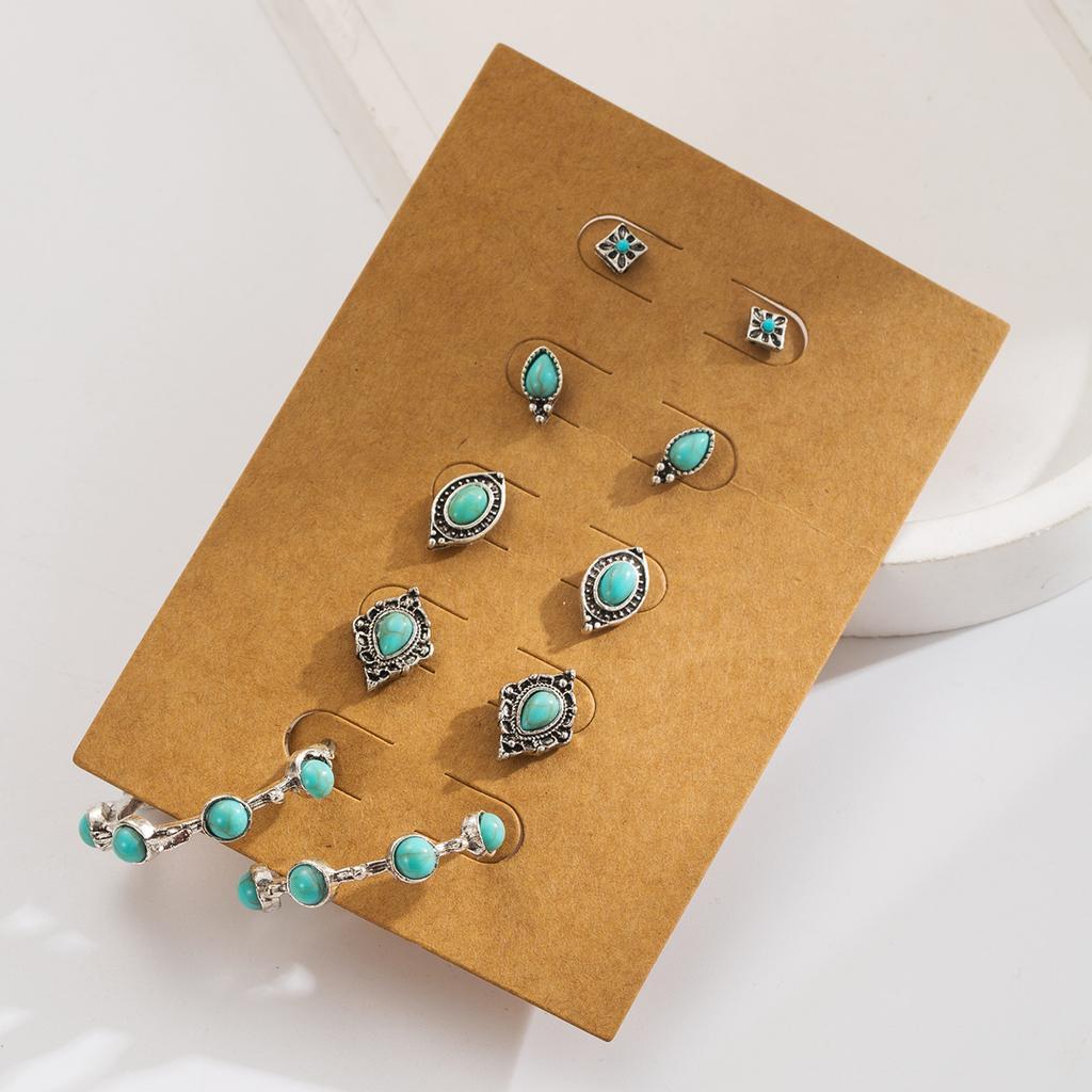 Simple Retro Green Turquoise Earrings - Set of Ethnic Style Flower Heart Geometric Ear Pendants In 5 Pairs