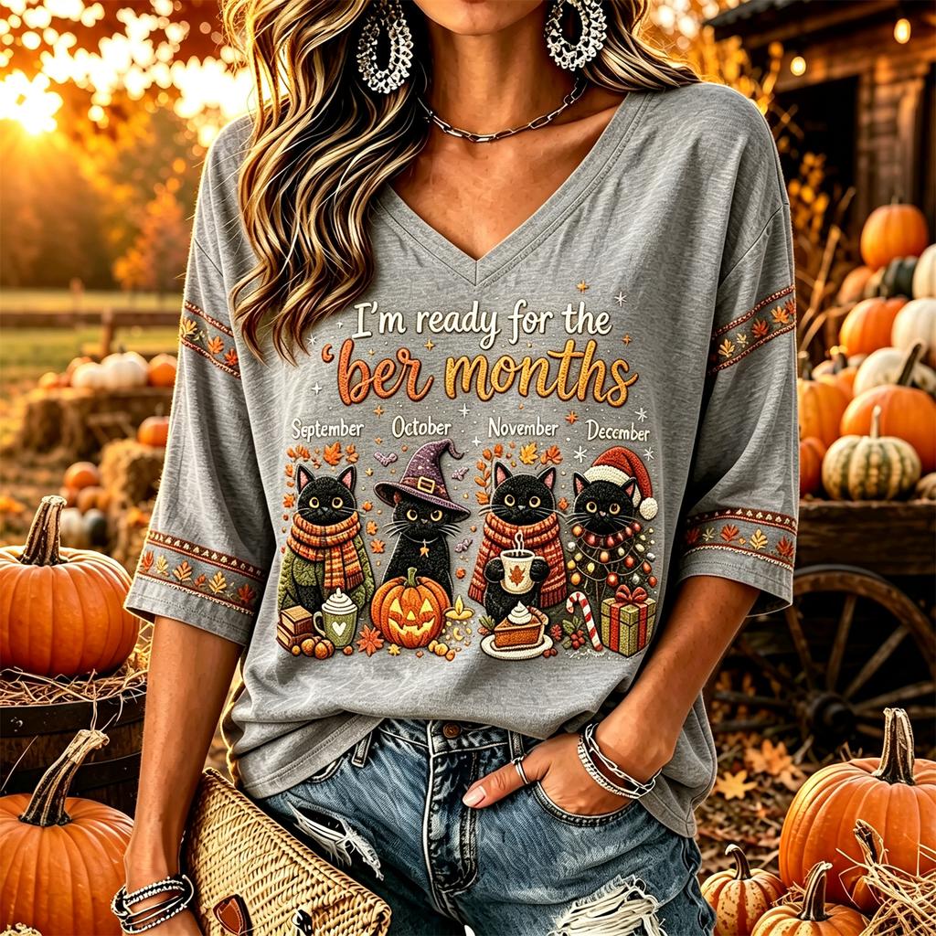 Women's Casual Thanksgiving Print V-Neck Long Sleeve Pullover Top for Fall and Winter