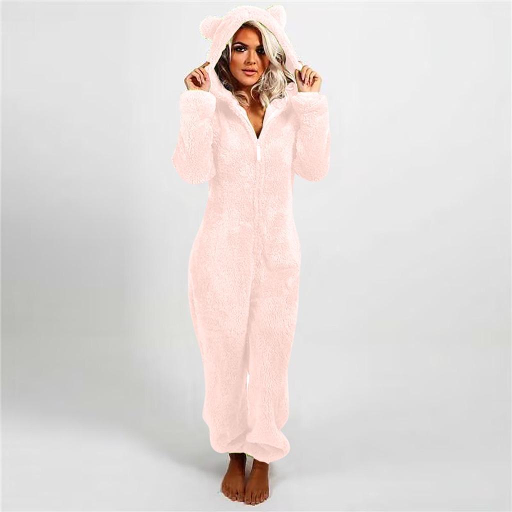 2025 European & American Autumn/Winter Women's Fleece-Lined Fur Jumpsuit Pajamas, Hooded, Available in 17 Colors