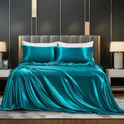 Tecido de seda imitada de cor sólida Quatro peças Lençóis de cama minimalistas europeus e americanos Lençol com elástico Fronha