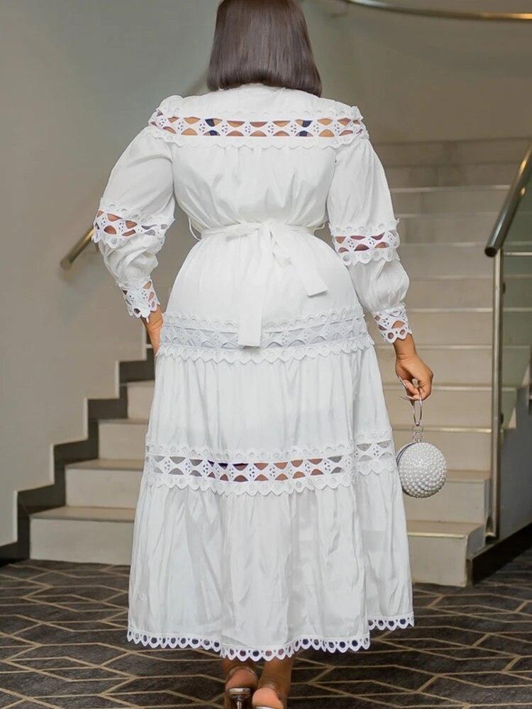 Chic Women Hollow Out Lace Splice Mock Neck Long Sleeve A Line Midi Dress with Belt Casual Party Club Outfits Plus Size