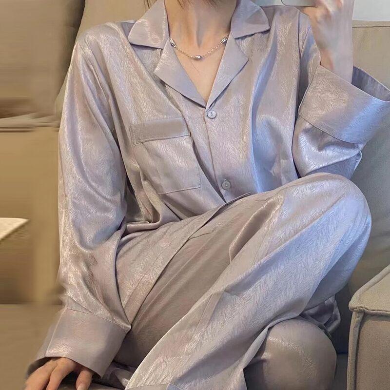 Lace Long Sleeve Black Cardigan Pajamas for Women – Sweet and Loose Spring/Autumn Homewear with Long Pants