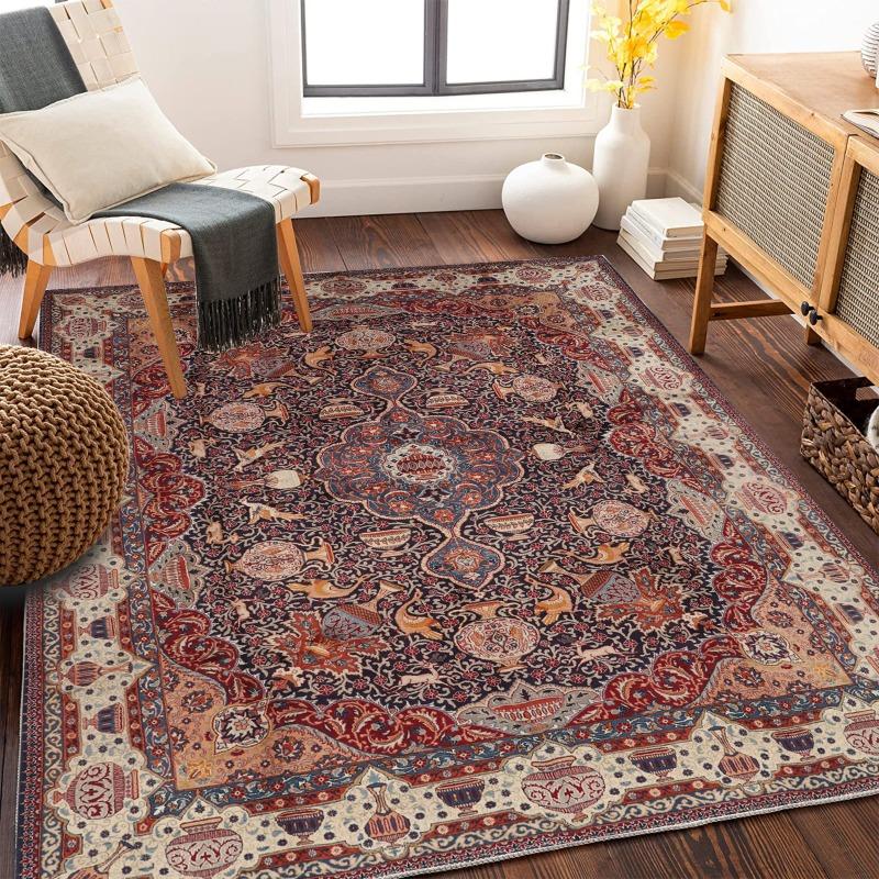 Large Persian Style Navy Blue Floral Area Rug Central Medallion Living Room Bedroom Traditional Decor Carpet Home Decoration Mat