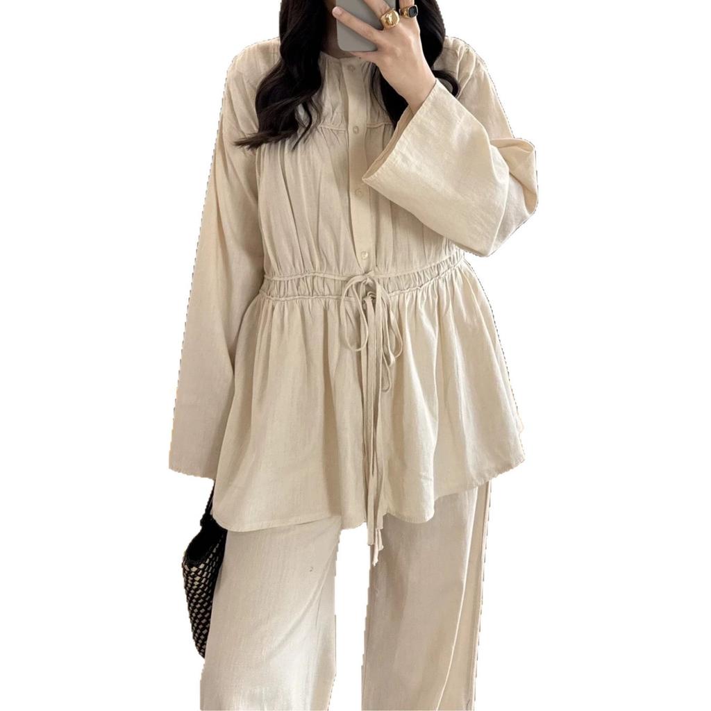 European and American Amazon Women's New Crew Neck Long Sleeve Drawstring Waist Top High Waist Wide Leg Pants Casual Suit