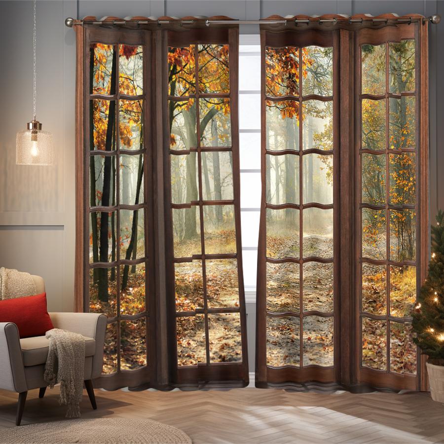 2 piezas de cortinas estampadas con patrón de hojas de bosque otoñal, decoración de marco de puerta retro para dormitorio y sala de estar